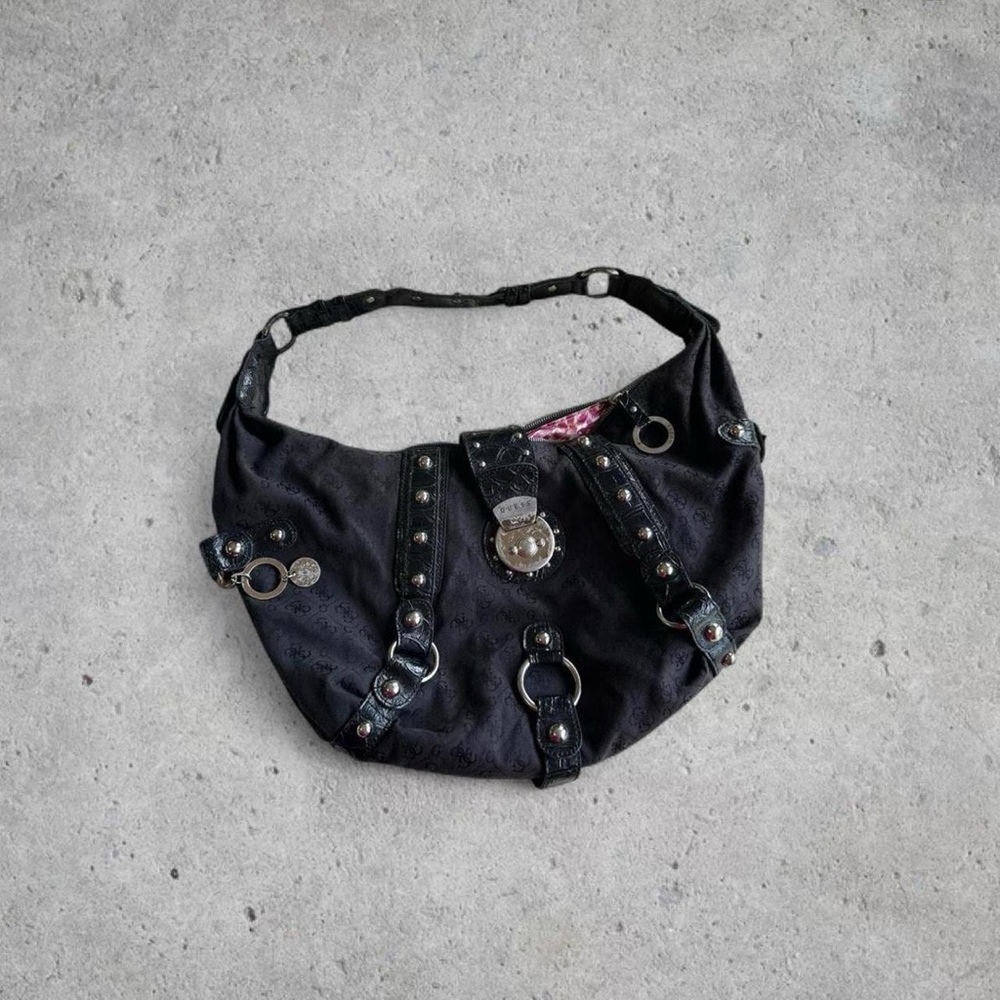 RARE Y2K Icon by GUESS Black Hobo Bag with Silver Accents &Pink Leopard Interior